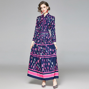 法式英伦风系带蝴蝶结，彩色长袖大码连衣裙，今年流行好看的紫色长裙