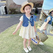女童连衣裙2024夏季儿童，短袖裙子马甲，套装夏款纯色公主裙薄款