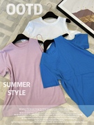 leomami孕妇短袖t恤夏季纯色开叉露肩，设计纯棉薄款上衣潮