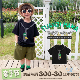 团子麻麻男童t恤夏季韩版休闲领带短袖儿童，纯棉上衣男孩童装夏装