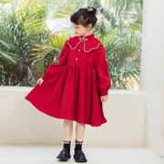 新国风女童娃娃领红色连衣裙2023春秋季中大童灯芯绒公主裙子