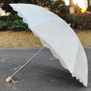 复古蕾丝二折太阳伞，六瓣花刺绣黑胶防紫外线，防晒遮阳晴雨两用洋伞