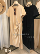 2021夏季韩版ins潮设计感小众t恤裙女褶皱，气质短袖纯色连衣裙