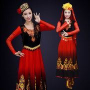 维吾尔族舞蹈演出服新疆舞表演舞，台装长款红色少数民族舞台装定制
