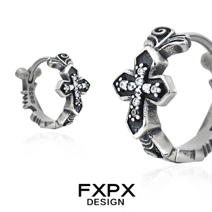 FXPX S925纯银暗黑十字耳环欧美复古耳扣小众个性哥特朋克风耳饰