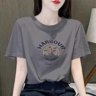 韩国灰色t恤女夏季短袖2024半袖纯棉正肩圆领，宽松短款上衣体恤潮