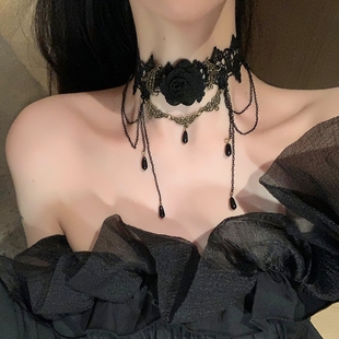 黑色蕾丝脖子配饰装饰项链女项圈，流苏吊坠玫瑰花，颈带choker暗黑系