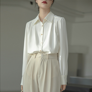 2024春装醋酸女士衬衫长袖，上衣职业设计感加绒加厚通勤白衬衣(白衬衣)