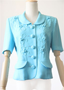vintage古着复古尖货蓝色单排扣薄款修身纯色短袖外套娃娃领