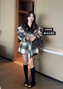 韩国东大门海军领格子双面羊绒大衣女2023冬季系腰带羊毛外套