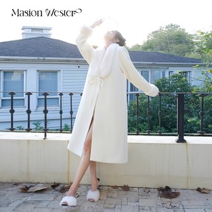 masionwester23秋冬女装白色澳毛，青果毛领长款羊毛大衣外套