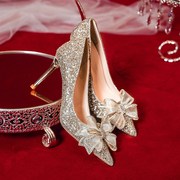 高级感主婚纱婚鞋夏季女新娘，鞋水晶婚礼高跟鞋金色亮片鞋