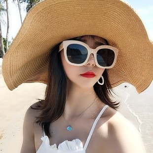 度假海边帽子女大檐草帽夏天沙滩，帽百搭超大帽檐遮阳帽防晒太阳帽