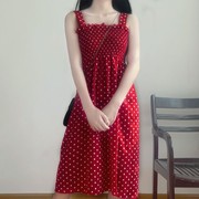 波点连衣裙女夏学生，2023裙子大码中长款红色韩版显瘦吊带裙仙
