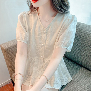 韩国短袖雪纺衬衫女2024夏季薄款收腰V领宽松短款设计感