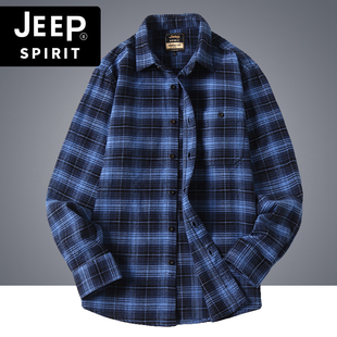 jeep吉普男装格子长袖衬衫，春秋冬季宽松百搭磨毛，休闲外套衬衣男潮