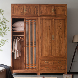 溪木工坊新中式实木衣柜家用卧室，老榆木储物柜推拉门衣橱简约挂式