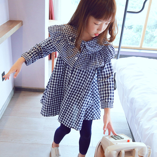 女童洋气衬衣2024韩版儿童娃娃领荷叶边格子衬衫长袖上衣薄