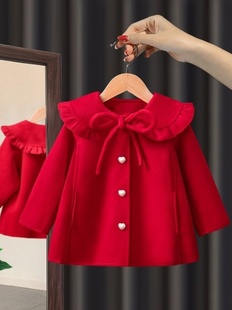女童秋冬装红色公主风中长款外套2023中小童，洋气时髦毛呢大衣