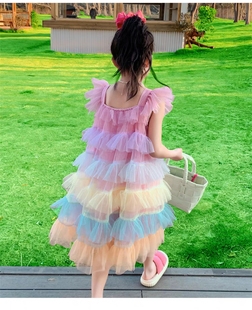 女童连衣裙夏季2023公主裙，吊带小女孩彩虹无袖，裙子蛋糕裙