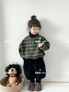 韩版童装儿童中性复古森系抓绒条纹圆领长袖卫衣卫裤男女童两件套