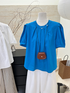 蓝色圆领泡泡袖衬衫女夏季韩系设计感小众宽松显瘦百搭上衣