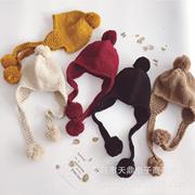 韩国大球球编织辫子儿童护耳针织帽子 冬天手工宝宝毛线帽子
