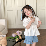 艾摩贝贝2023夏装女童法式小方领气质娃娃衫儿童洋气白色短袖衬衫