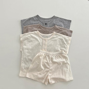 婴儿衣服夏装男女宝宝，短袖t恤上衣短裤柔软透气亚麻两件套两件套