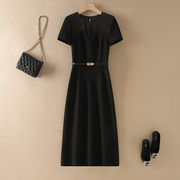 夏季女士连衣裙短袖高级性感半透视优雅高贵气质黑色醋酸v胸长裙