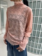 韩国高领长袖蕾丝衫女 23秋季小性感透视镂空钩花打底衫上衣