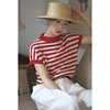 法式海魂衫红白条纹针织短袖T恤女夏季薄款别致撞色设计正肩上衣
