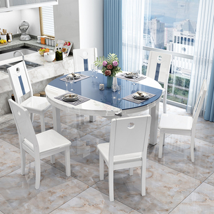 定制现代简约小户型钢化玻璃，餐桌椅子组合家用实木饭桌可伸缩折叠
