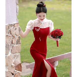 鱼尾开叉敬酒服2024新娘结婚回门订婚礼服，平时可穿红色连衣裙