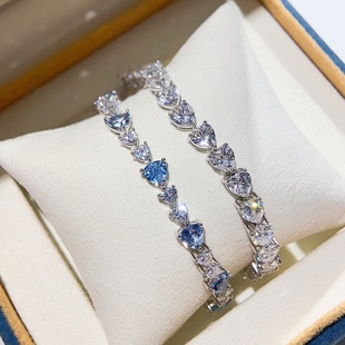 钻石手链925纯银心形排钻高级感轻奢18K金精致50分手饰海蓝宝超闪