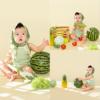儿童摄影百天周岁婴儿，照相绿色格子连体衣，蔬菜水果造型主题服