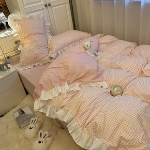 ins公主风紫色床裙花边，被套床单四件套g1.8米，纯色女宿舍床上三件