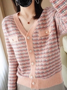 韩国2023长袖针织开衫，女短外套毛衣v领宽松休闲外搭格子上衣