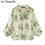 拉夏贝尔lachapelle夏季复古系带灯笼，袖衬衫女宽松花色上衣