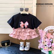 女童韩版蝴蝶结短袖蛋糕裙两件套2024夏女宝甜美T恤半身裙裤套装