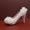 白色圆头雪纺蕾丝花朵优雅高跟鞋浅口新娘婚纱鞋水钻流苏女士单鞋