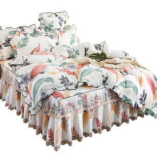高档床上纯棉床裙式四件套1.8米2床罩全棉韩版碎花被套公主风蕾丝