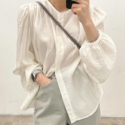 韩国chic春季简约气质圆领单排扣宽松泡泡袖薄款防晒衬衫上衣女