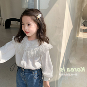 女童蕾丝花边衬衫2024春季韩版儿童，翻领长袖上衣宝宝打底衬衣