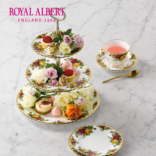 RoyalAlbert皇家阿尔伯特老镇玫瑰系列骨瓷三层蛋糕架点心盘欧式