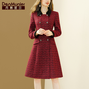 丹慕妮尔法式小香风红色毛呢，外套女秋冬气质修身收腰大衣
