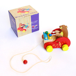 儿童小熊敲琴拖拉车学步木质手拉线拉着走的宝宝拉绳玩具车幼1岁