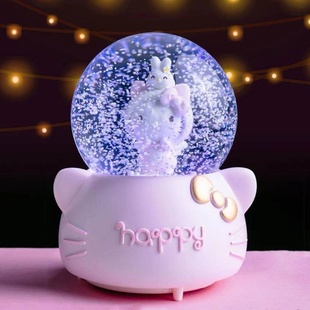 送女孩粉色kt猫雪花，旋转带灯发光八音盒，音乐盒水晶球儿童生日礼物