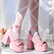 小个子绑带粉色高跟鞋仙女法式甜美玛丽珍蝴蝶结扣带lolita鞋粗跟