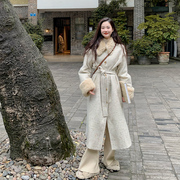 LAZYZ 系带小香风毛领羊毛呢子大衣女冬2022韩版修身毛呢外套